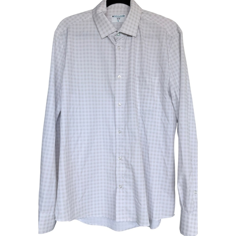 &Collar Shirt Mens Large Gray Check Slim Fit Stretch Performance Golf